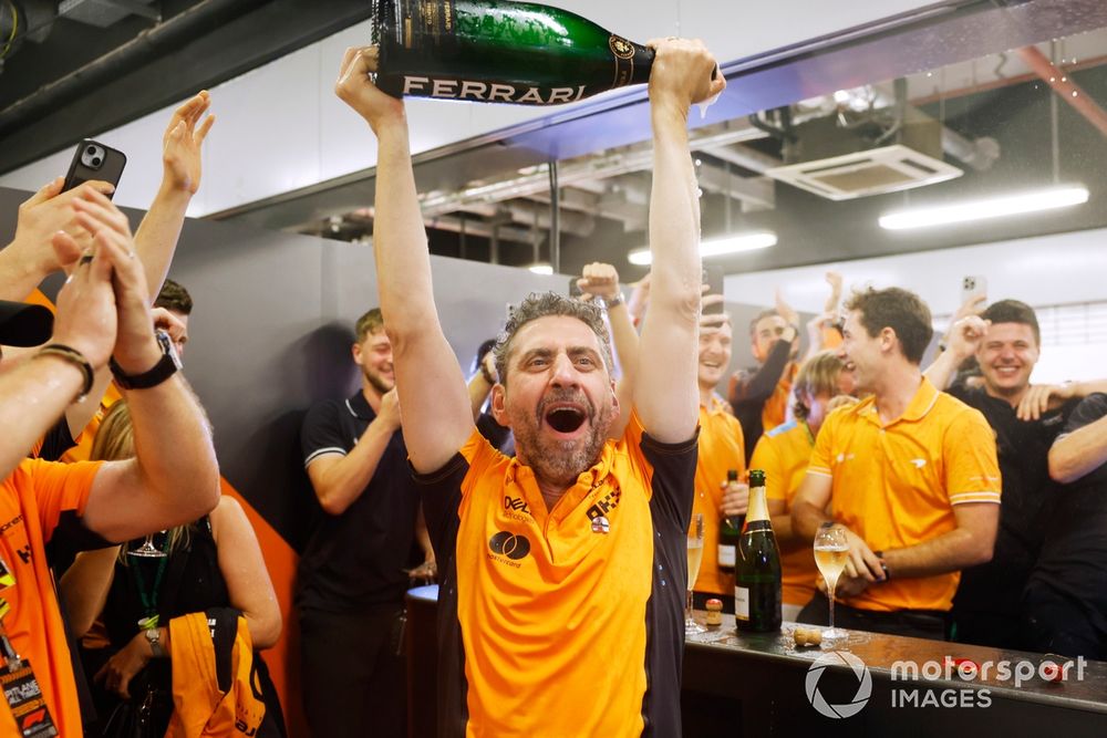 Andrea Stella, Team Principal, McLaren F1 Team, the McLaren team celebrate after securing the Constructors title