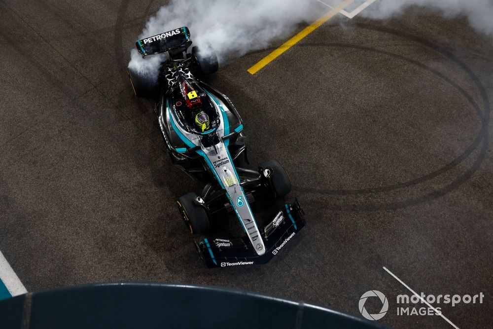 Lewis Hamilton, Mercedes F1 W15, performs donuts at the end of the race