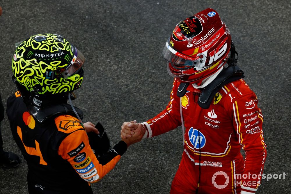 Charles Leclerc, Scuderia Ferrari, 3rd position, congratulates Lando Norris, McLaren F1 Team, 1st position, in Parc Ferme