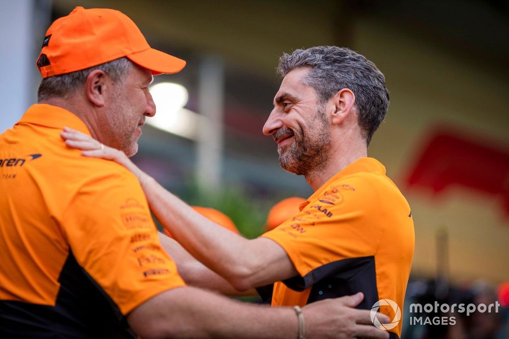 Zak Brown, CEO, McLaren Racing, Andrea Stella, Team Principal, McLaren F1 Team, congratulate each other