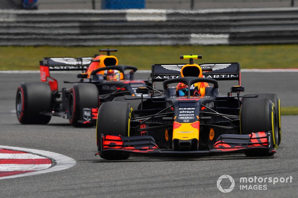 Pierre Gasly, Red Bull Racing RB15, leads Max Verstappen, Red Bull Racing RB15