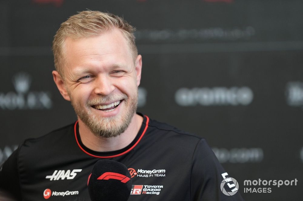 Kevin Magnussen, Haas F1 Team, speaks to the media