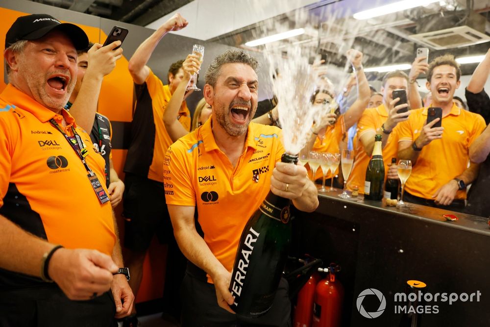 Andrea Stella, Team Principal, McLaren F1 Team, the McLaren team celebrate after securing the Constructors title