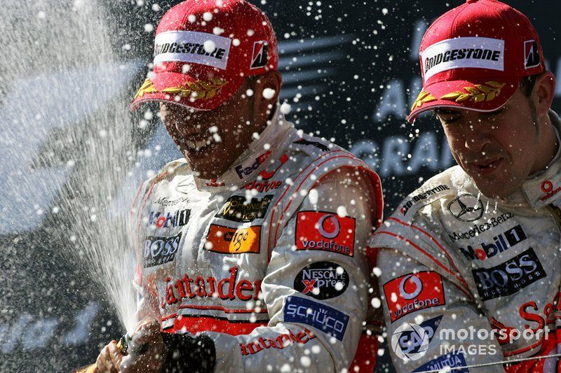 Third place Lewis Hamilton, McLaren and second place Fernando Alonso, McLaren celebrates on the podium