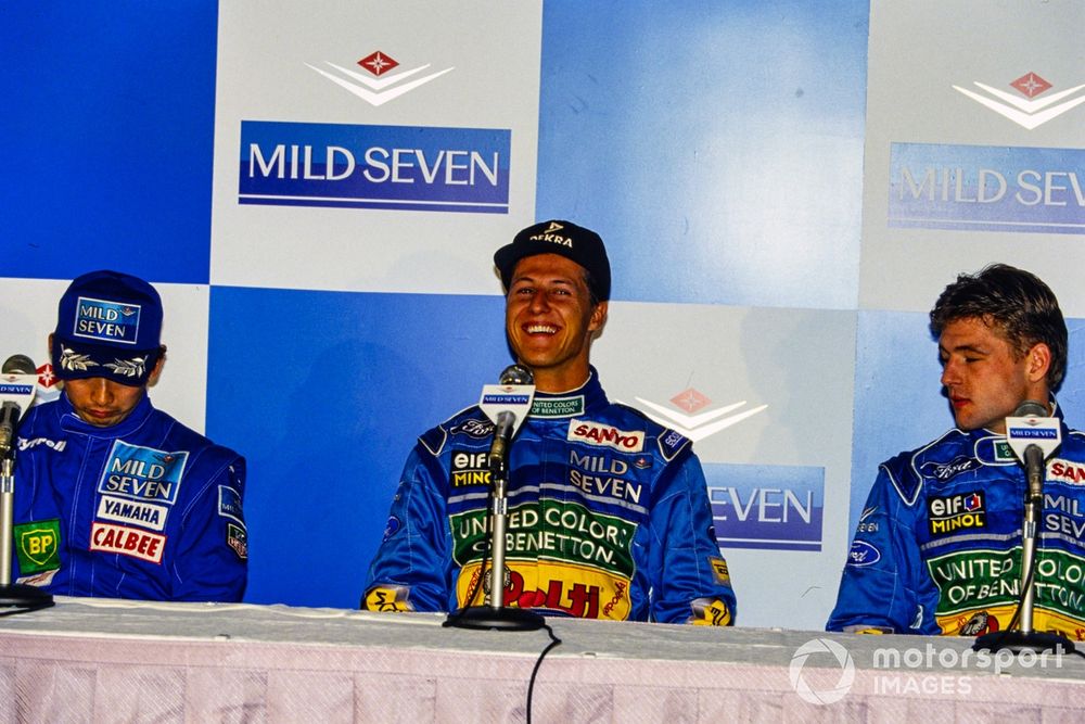 Ukyo Katayama, Michael Schumacher and Jos Verstappen in a press conference