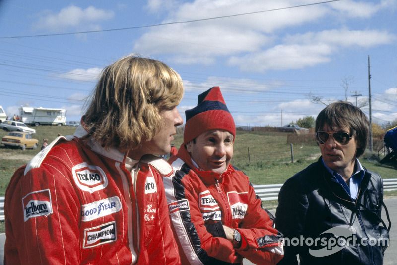 James Hunt, Teddy Mayer and Bernie Ecclestone at the 1977 Canadian GP at Mosport Park.