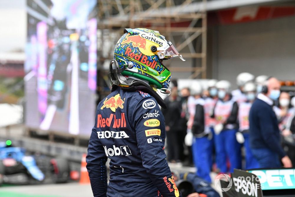 Max Verstappen, Red Bull Racing, arrives in Parc Ferme after Qualifying for the 2021 Brazilian GP.