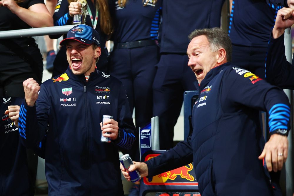 Max Verstappen, Red Bull Racing RB20, and Oracle Red Bull Racing Team Principal Christian Horner