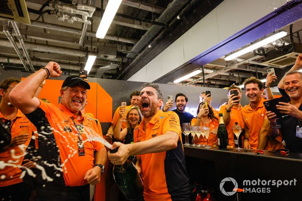 Andrea Stella, Team Principal, McLaren F1 Team, the McLaren team celebrate after securing the Constructors title