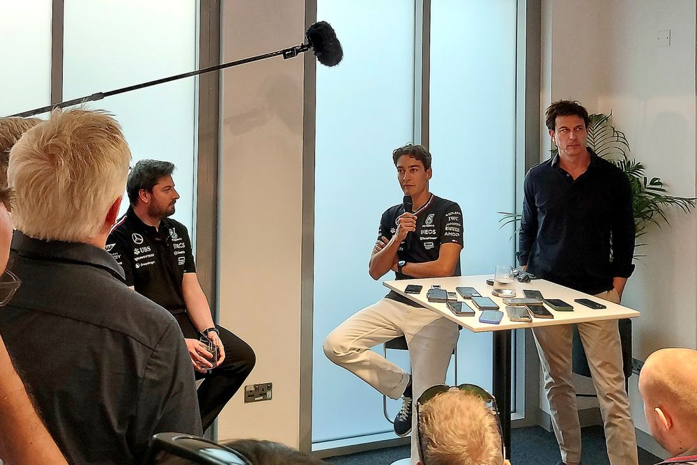 George Russell, Mercedes-AMG F1 Team,  Toto Wolff, Team Principal and CEO, Mercedes-AMG F1 Team at the media round table