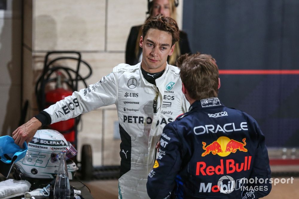 Pole man Max Verstappen, Red Bull Racing, and George Russell, Mercedes-AMG F1 Team, talk in Parc Ferme