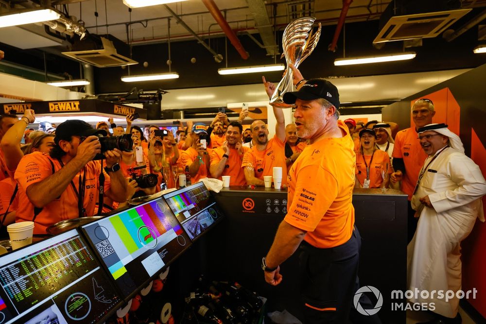 Zak Brown, CEO, McLaren Racing, the McLaren team celebrate after securing the Constructors Championship title