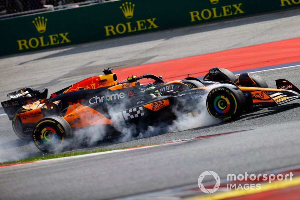 Max Verstappen, Red Bull Racing RB20, battles with Lando Norris, McLaren MCL38