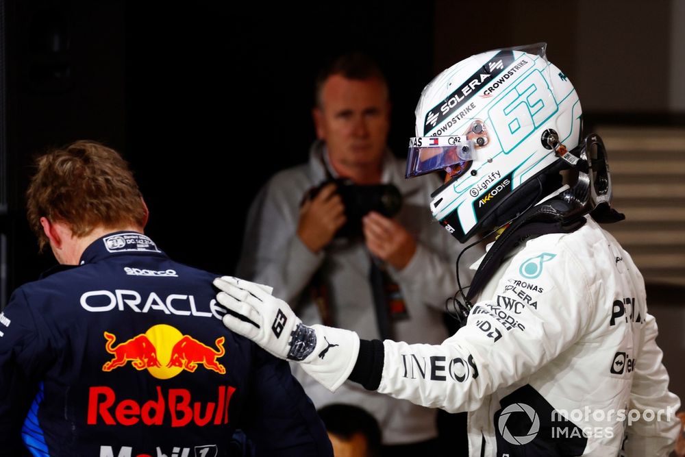 George Russell, Mercedes-AMG F1 Team, congratulates pole man Max Verstappen, Red Bull Racing, in Parc Ferme